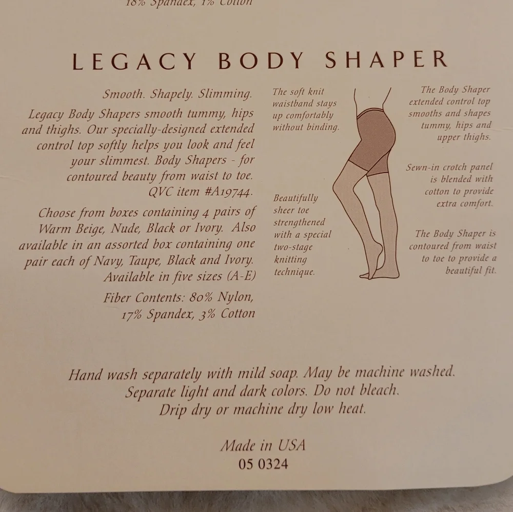 Legacy Legwear Body Shaper Pantyhose Size B Color Warm Beige New In Box